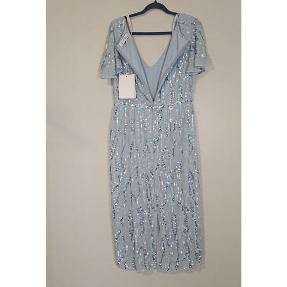 Mac Duggal Sequined V-Neck Flutter Sleeve Tea-Length Dress - Picture 3 of 7